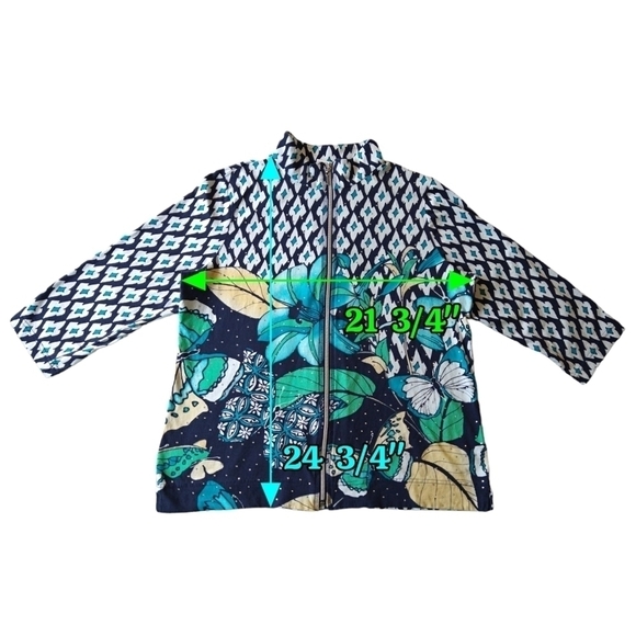 Chico's Weekends 100% Cotton Abstract Floral Butterfly Zip Jacket Beaded Bling - Picture 3 of 10